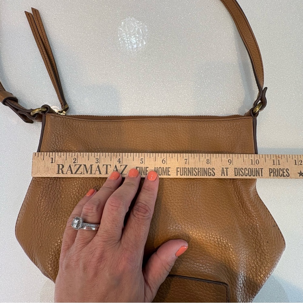 Fossil Tan Pebbled Leather Crossbody Bag  Minimalist Buckle Adjustable Strap - Picture 11 of 12